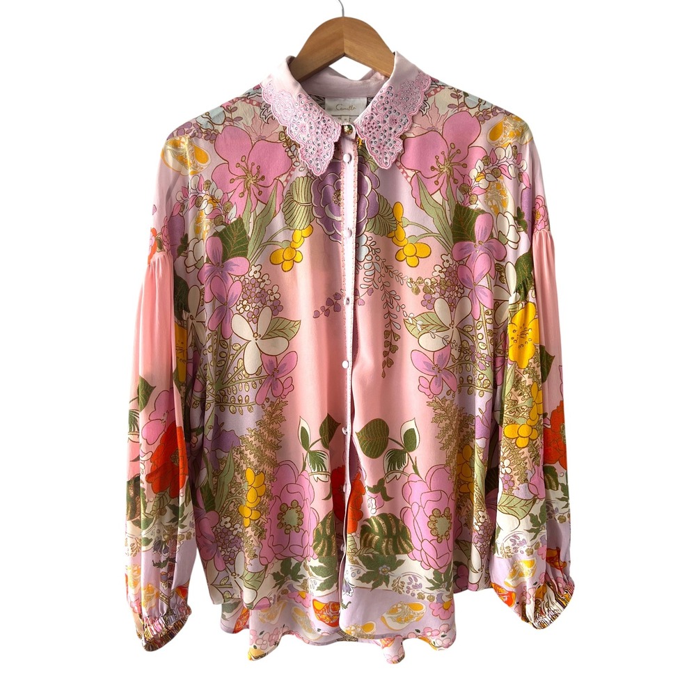 Camilla Kiss & Tell Curved Collar Blouse M Silk Crystal Floral Blouson Sleeve - Picture 2 of 11